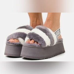 Ugg Fluff Yeah Disco Stripe Shearling Slides 10 Purple/Ivory PRISTINE